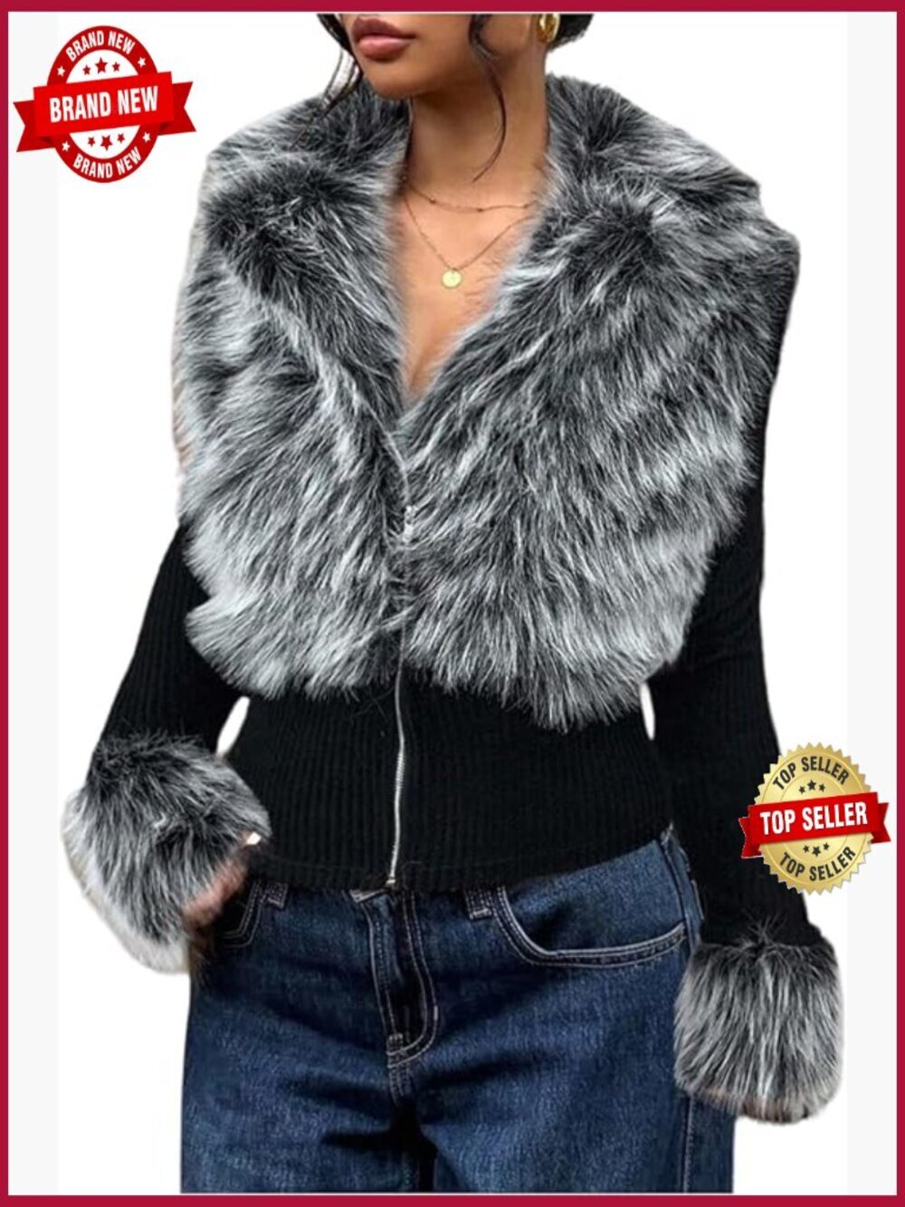 Faux Fur Furry Fuzzy Collared Zip Up Jacket Slim Fit Winter Coat